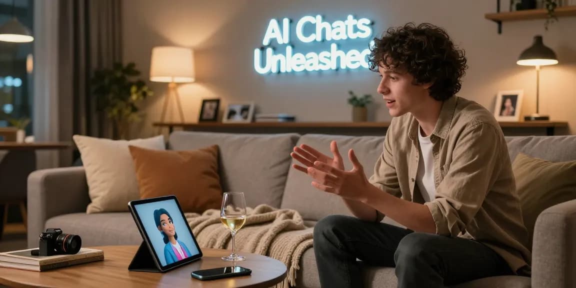 Interactive ai 18+ chat scene showing a user engaging with a virtual character in a cozy lounge setting.