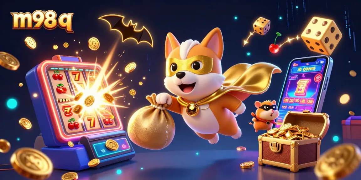 Spin and win with m98 q as the superhero dog soars over joyful jackpot moments.