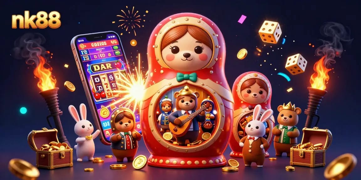 Engage in exciting gaming experiences at nk88 with vibrant 3D casino elements and dynamic characters.