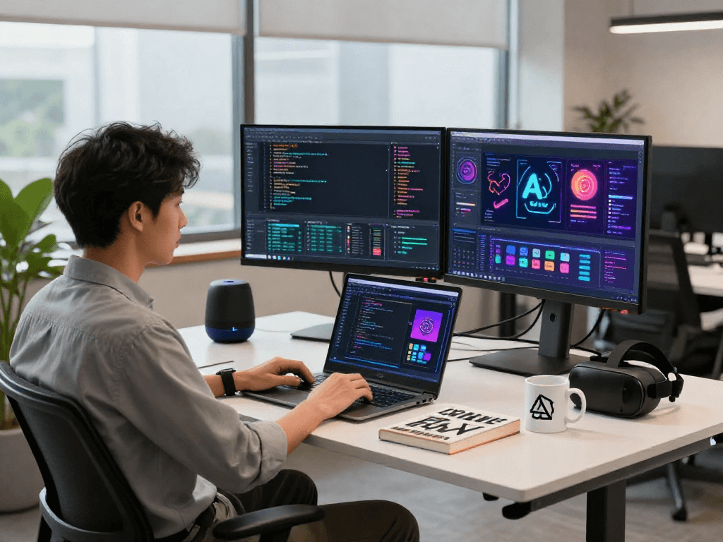 Exploring spicy AI in a vibrant tech workspace with coding and creativity.