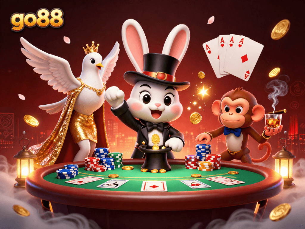 Experience the thrill of go88 gaming with a magician rabbit, glamorous dove, and playful monkey at a vibrant poker table.