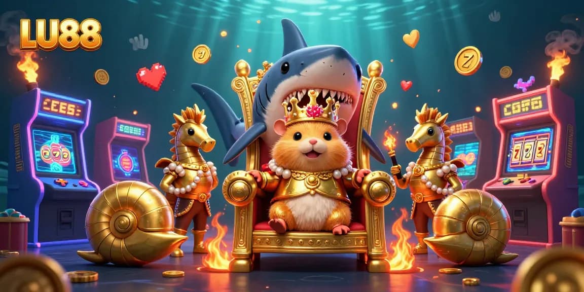 LU88 bettors winning big around a vibrant casino-themed underwater scene with arcade games.