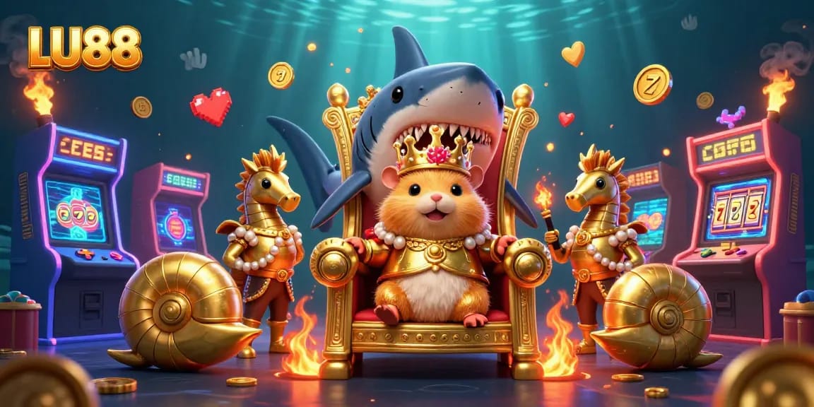 LU88 bettors winning big around a vibrant casino-themed underwater scene with arcade games.