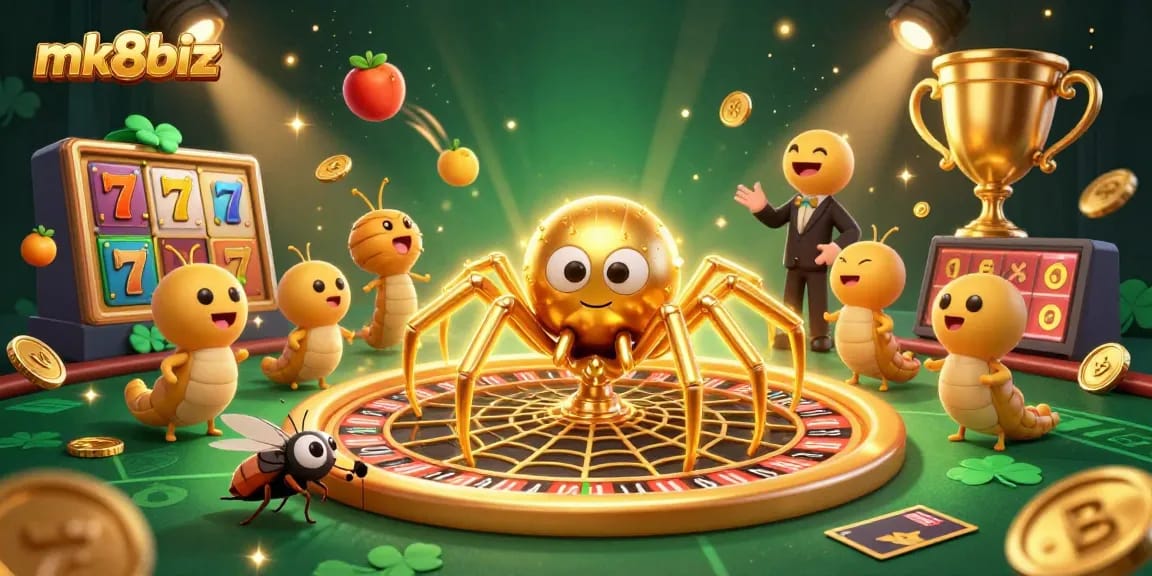 Betting on mk8biz with a golden spider and centipede in a vibrant casino scene.