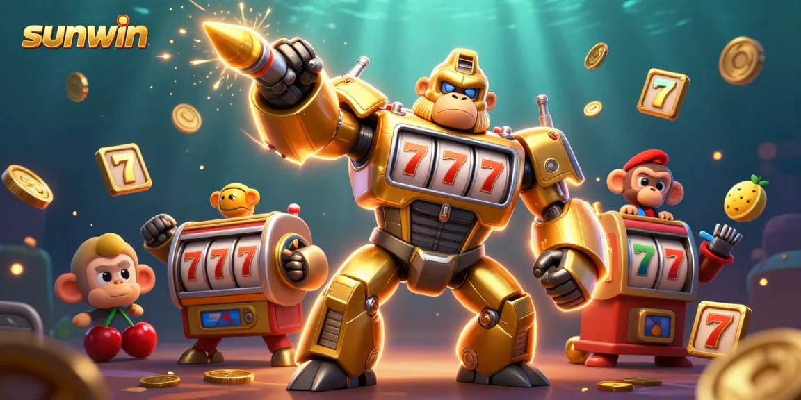 Play thrilling slot machines with sunwin's golden gorilla mech in this dynamic casino illustration.