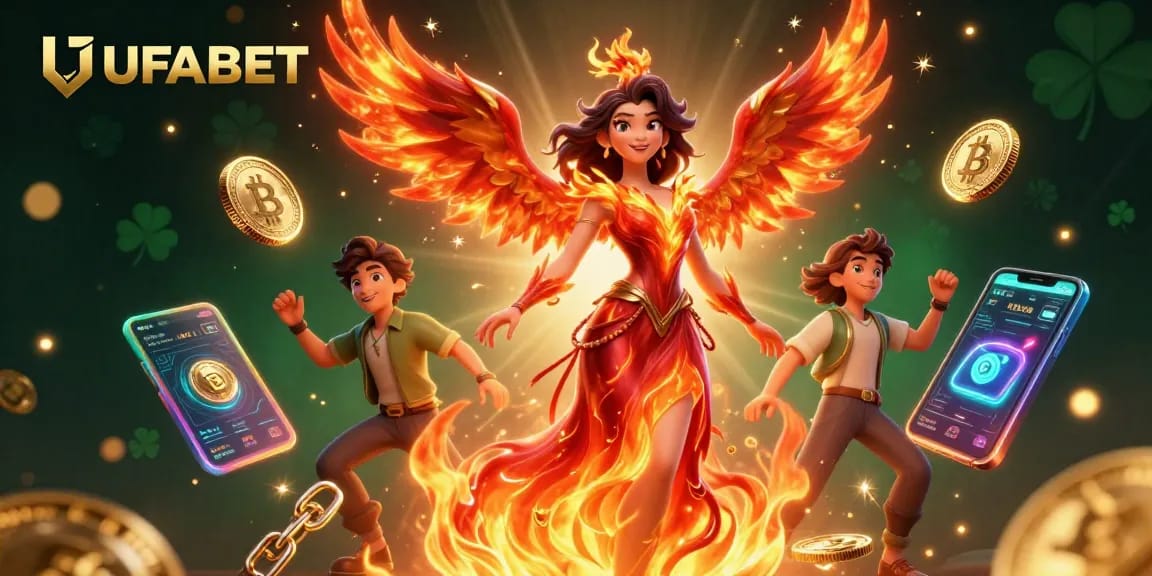 Experience excitement with UFABET as a stunning Asian woman in a fiery gown captivates alongside a 3D phoenix.