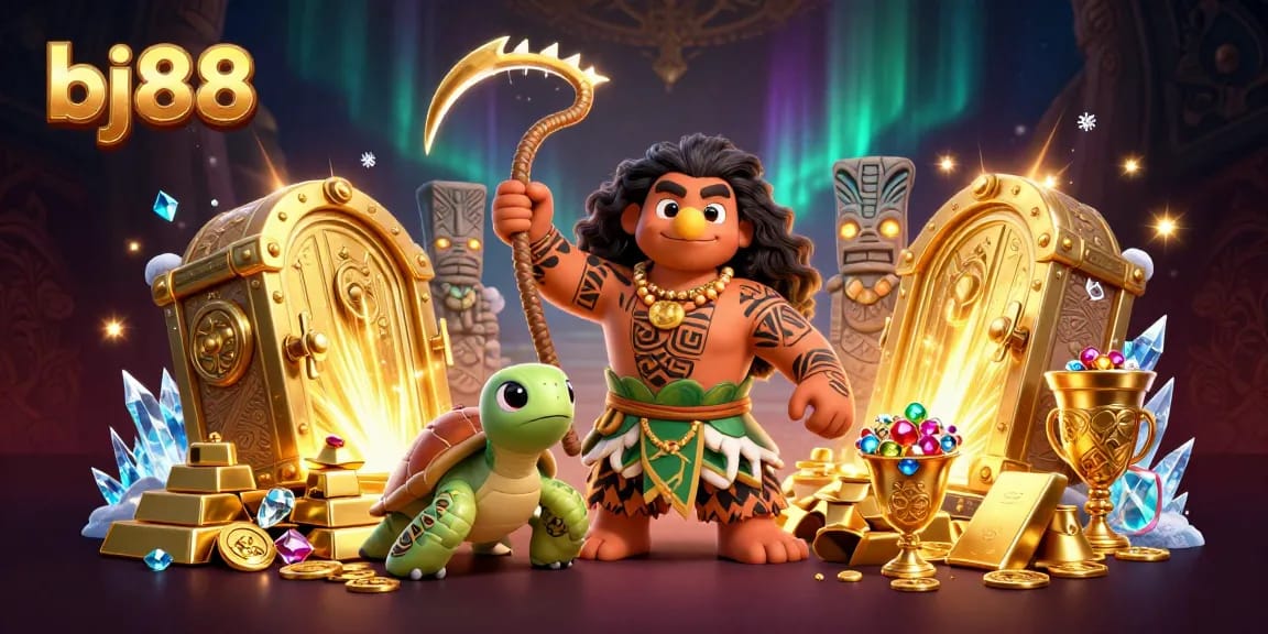 Experience the thrill of bj88, with a dynamic scene of a demigod and treasures in a casino setting.