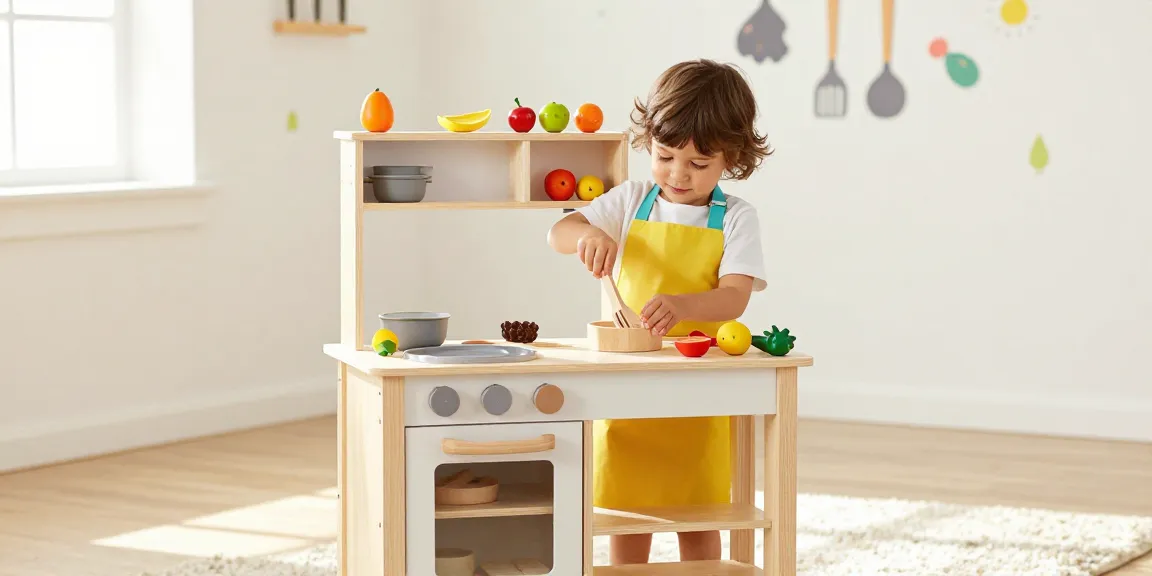 Wooden kitchen set with child happily cooking in a vibrant playroom
