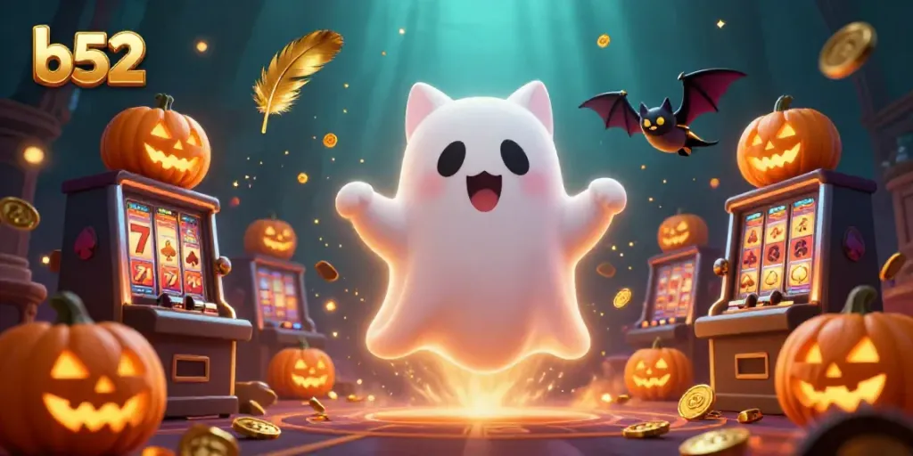 Engage in fun gaming with b52 in a haunted casino mansion featuring a ghost cat, bat, and glowing jack-o-lanterns.