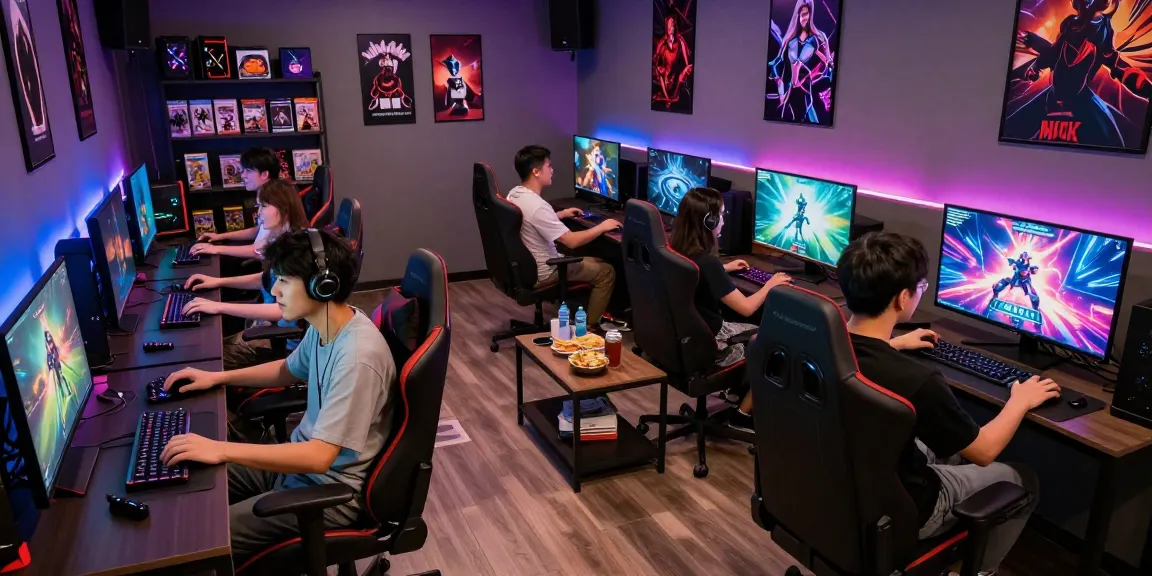 Group of friends enjoying porn games online in a vibrant gaming lounge