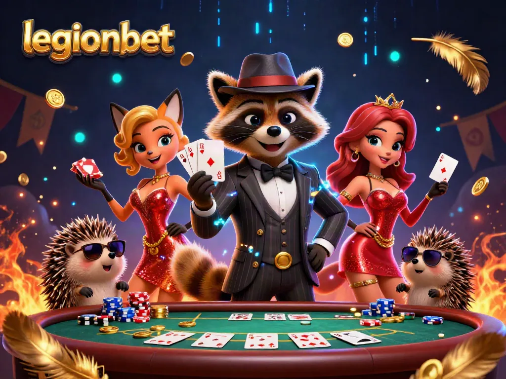 Experience thrilling gameplay at legionbet with a raccoon holding a royal flush at the poker table.