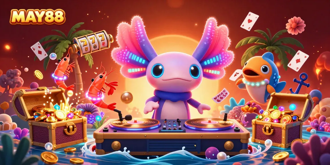 MAY88 showcases vibrant action with a neon axolotl DJ and slot game elements at an underwater casino party.