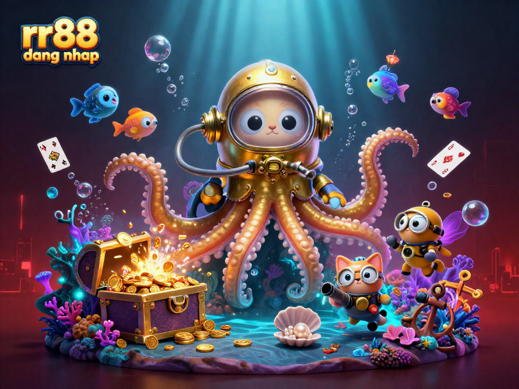 Play games at rr88 dang nhap with a towering kraken, diving cat, and glowing sea life.