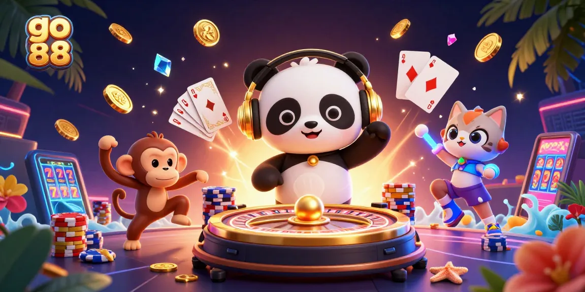 Experience exhilarating gameplay with go 88, framed by a DJ panda and vibrant casino elements.