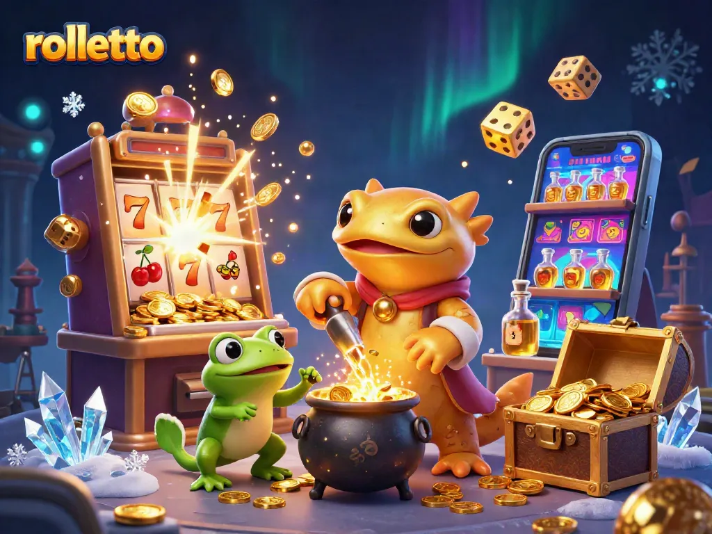 Experience rolletto's thrilling casino adventures in a vibrant 3D illustration bursting with gold and excitement.