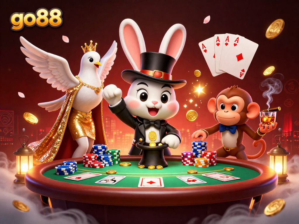 Experience the thrill of go88 gaming with a magician rabbit, glamorous dove, and playful monkey at a vibrant poker table.