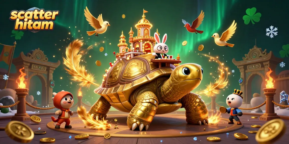 Spin to win with scatter hitam in this vibrant casino illustration featuring a tortoise and rabbit dealer.