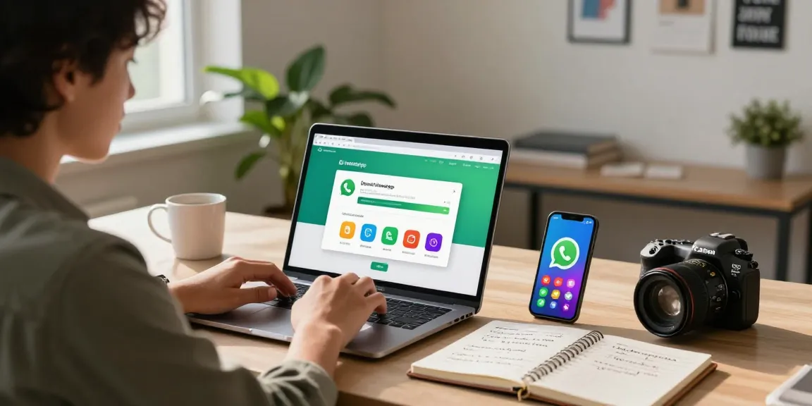 Downloading WhatsApp on a laptop in a modern home office with a smartphone and notes visible.