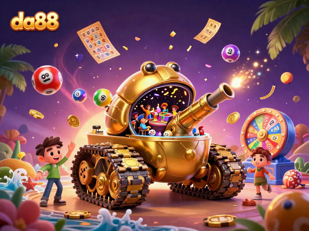 Experience the excitement of da88 with a vivid scene of a miniature casino explosion, filled with games and atmosphere.