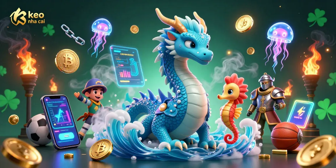 Bet on keo nha cai with an enchanting illustration of a dragon, seahorse knight, and neon jellyfish amidst dynamic sports elements.