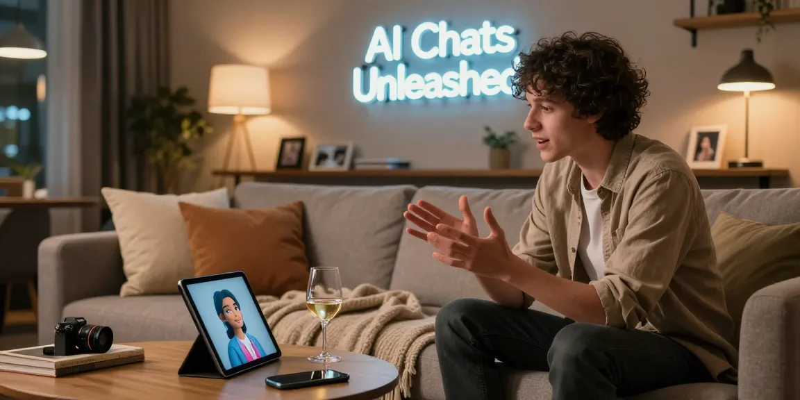 Interactive ai 18+ chat scene showing a user engaging with a virtual character in a cozy lounge setting.