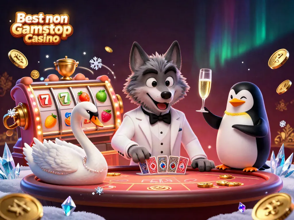 Experience the excitement of the Best non Gamstop Casino featuring a debonair wolf and elegant characters at a baccarat table.