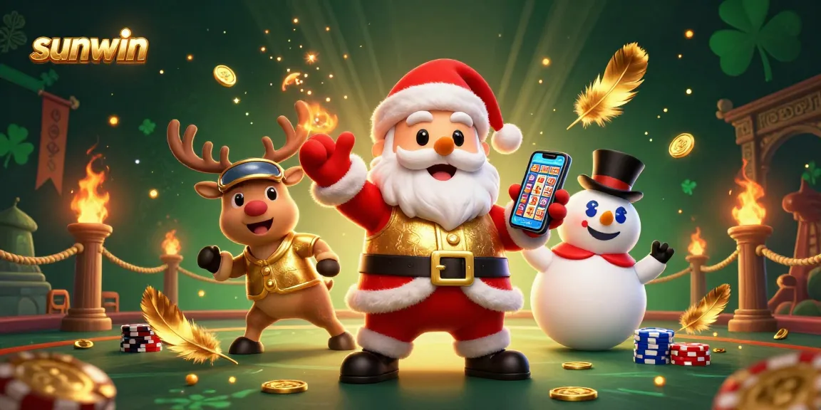 Spin the slots with sunwin as Santa celebrates at a vibrant casino with friends!