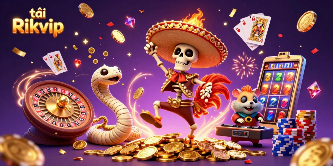Experience the excitement of tải Rikvip with vibrant characters celebrating on a mountain of gold coins.