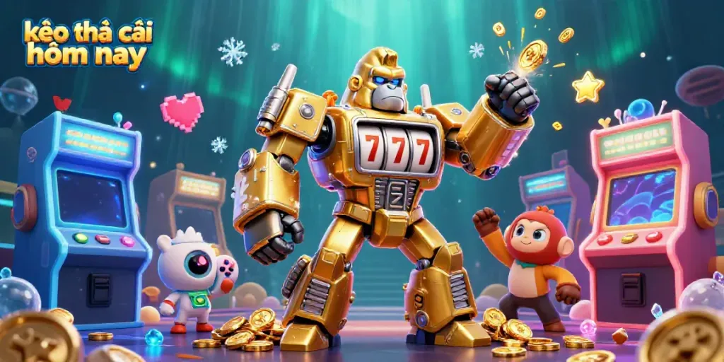 Explore kèo nhà cái hôm nay with a dynamic 3D gorilla mech in a vibrant casino-themed scene.