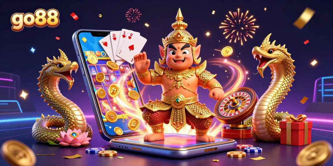 go88 players engaging in thrilling games, featuring a guardian, Naga companions, and vibrant slot game elements.