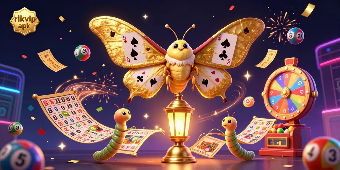 Experience the excitement of rikvip apk with a vibrant 3D casino illustration featuring lottery elements and golden tickets.