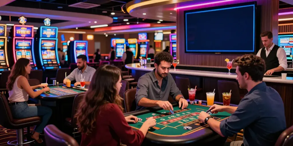 Engaged players at credit card casinos experience lively gaming atmosphere with vibrant decor and modern design.