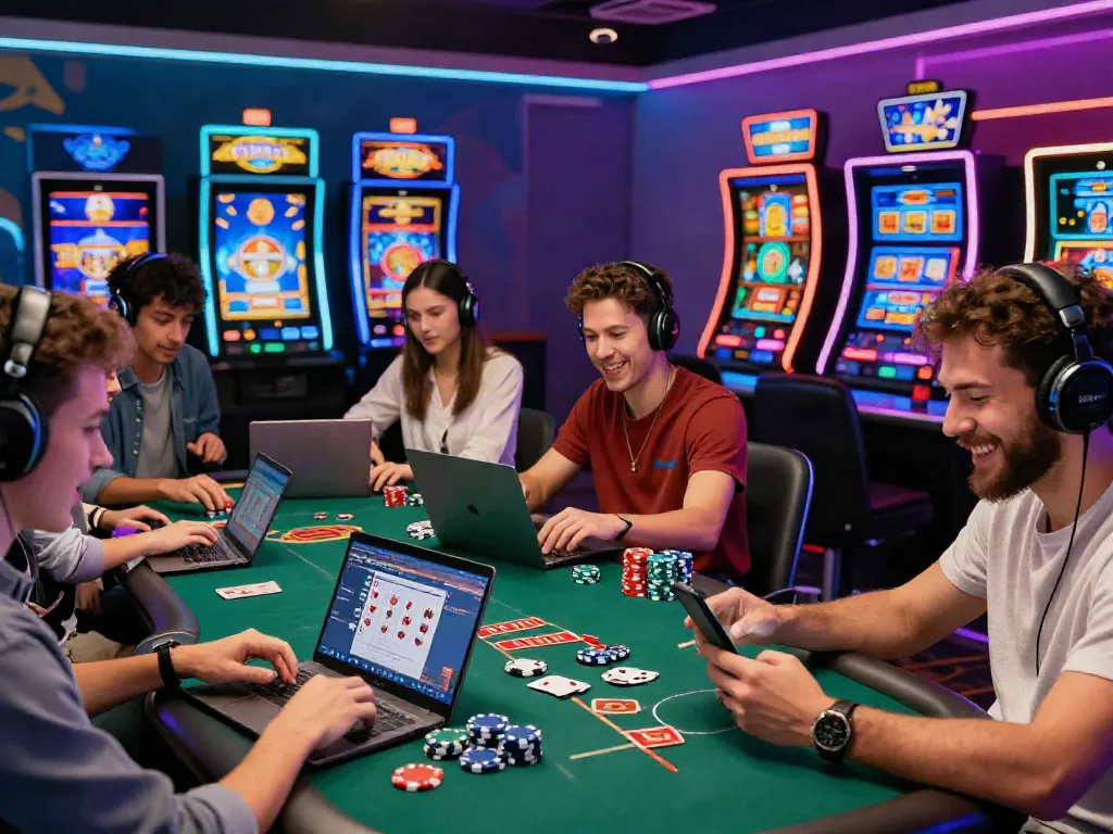 Engaged players enjoying an online credit card casino experience in a vibrant setting.