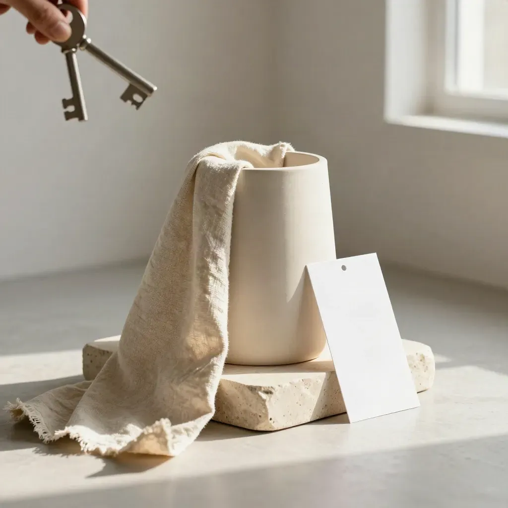 Matte product prototype on stone plinth with packing paper and muslin in a bright launch setup.