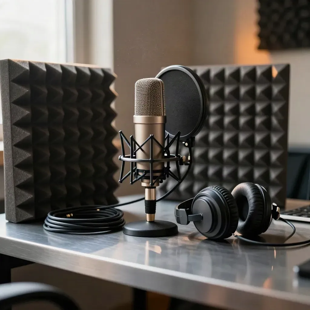 Podcast kit on a brushed-metal desk with mic, pop filter, headphones and cable coil in warm window light.