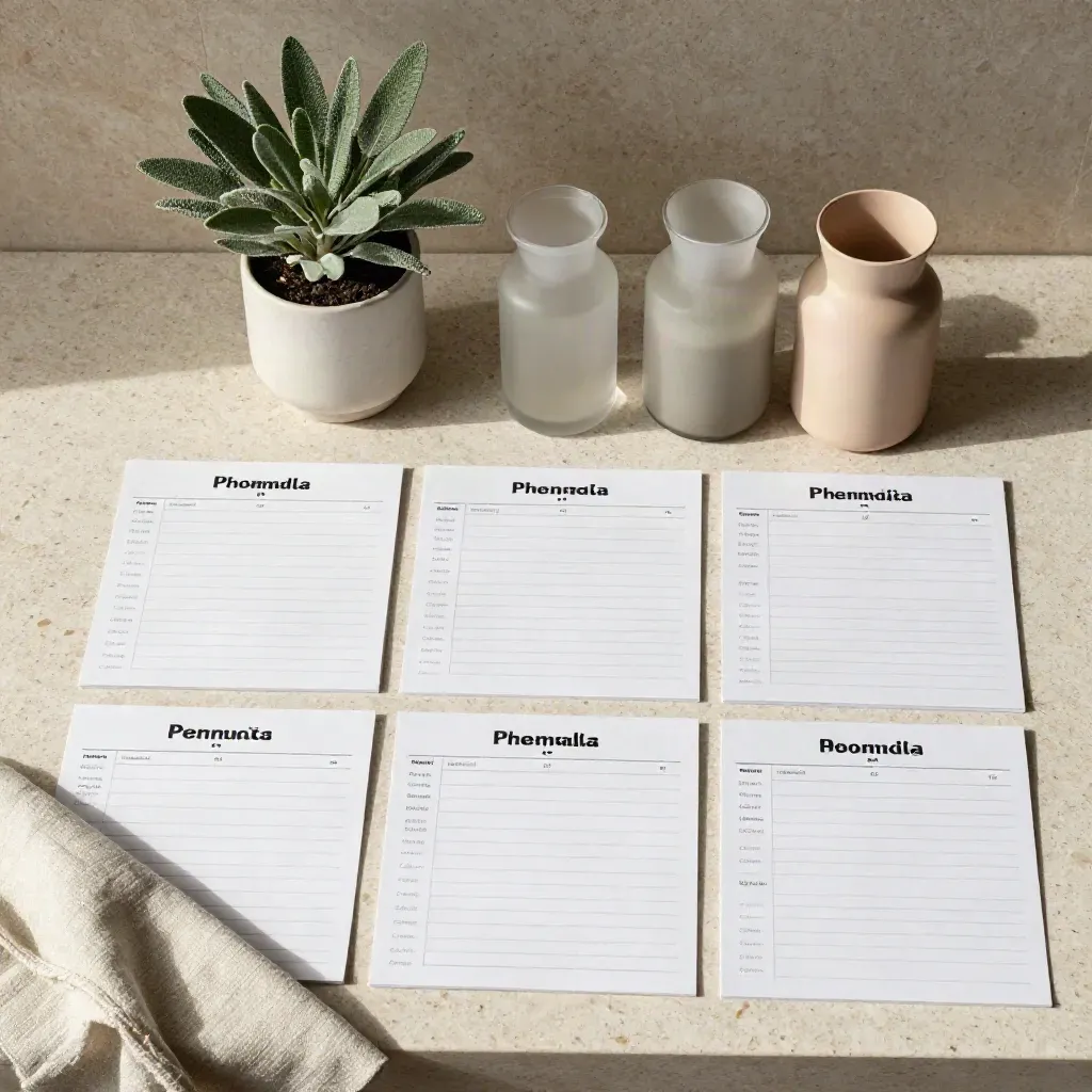 Top-down still life of prop tabs, linen, plant and product vessels on travertine.