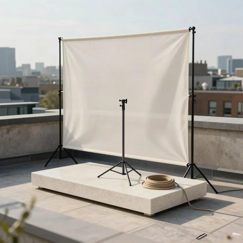 Rooftop London brand set with scrims, light stand and travertine plinth under bright sky.