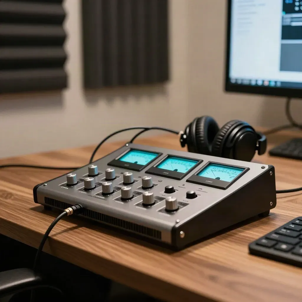 Podcast edit rig with headphones and cyan monitor glow in a warm small studio