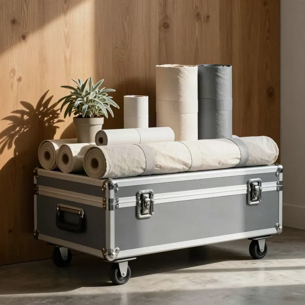 Studio cart with fabric rolls, mockups and a plant in warm late-afternoon light.