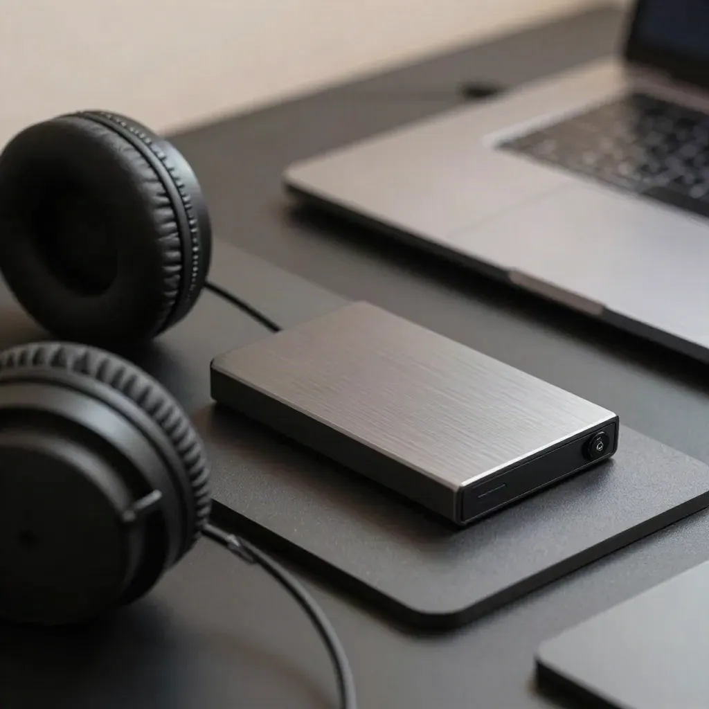 Macro of a creator's keyboard, headphones, external drive and closed laptop on a charcoal desk