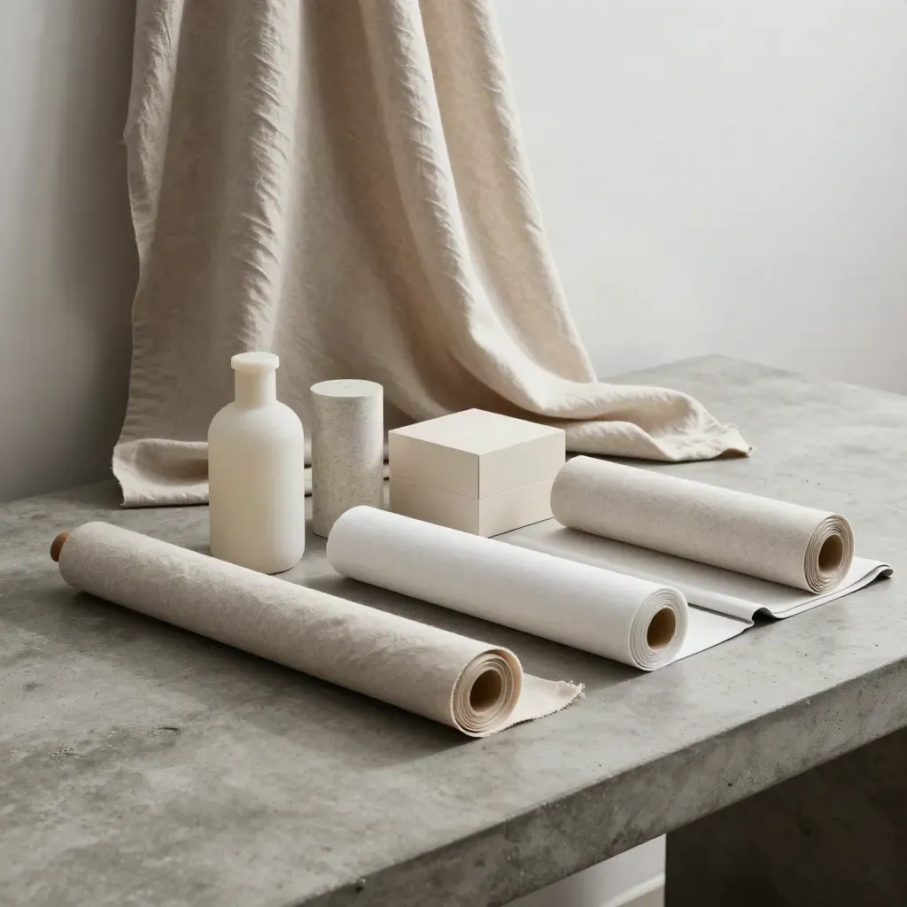 Three neutral content-day mini-sets on a concrete studio table, lit from upper left