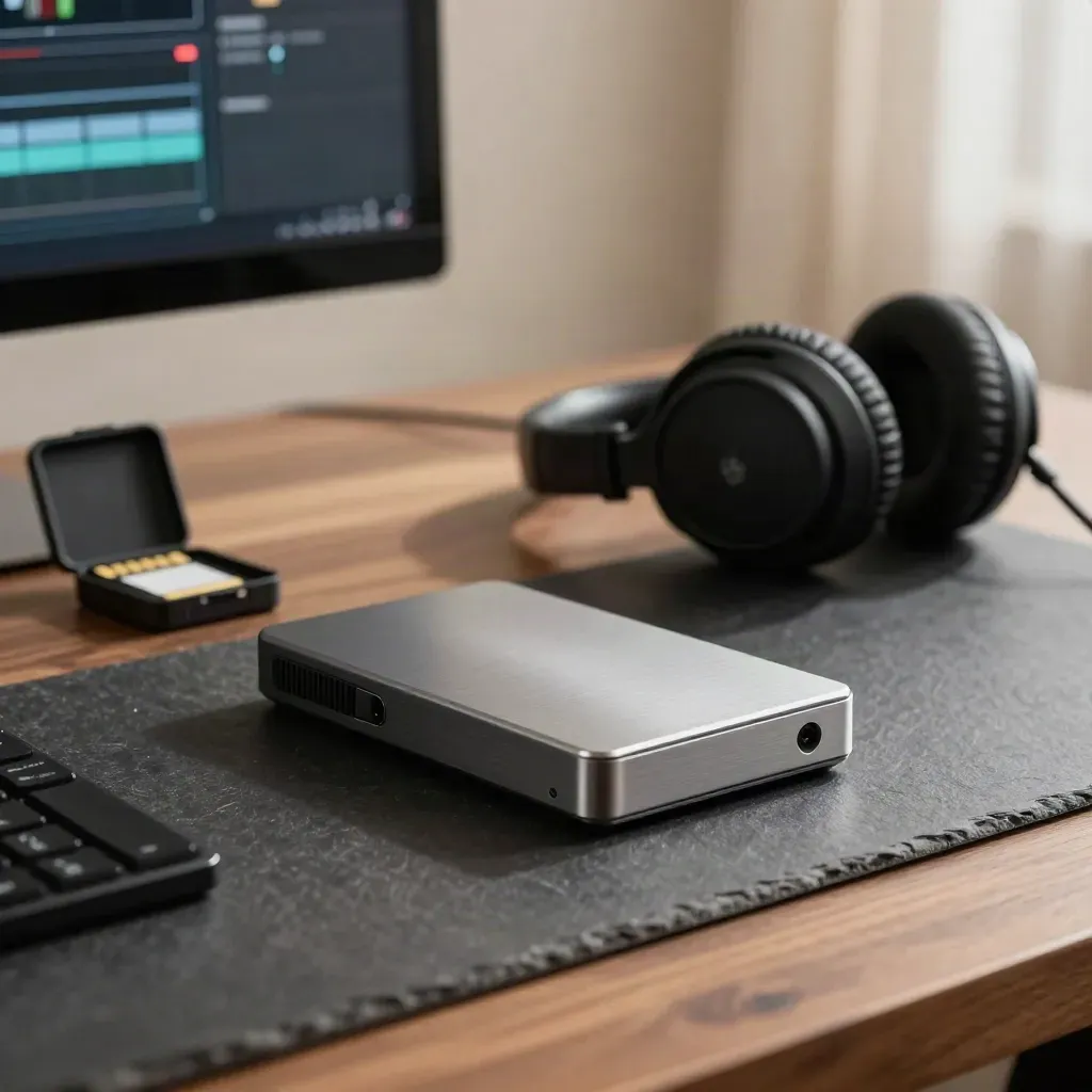 Drive, headphones and memory cards beside a blurred edit monitor glow in a warm studio.