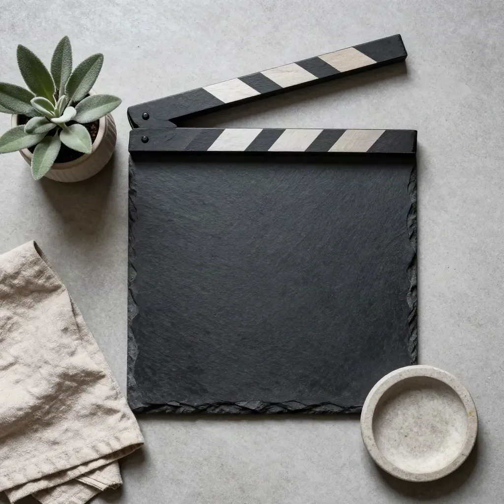 Overhead flatlay of a clapper slate with plant, linen cloth and stone dish on pale concrete.