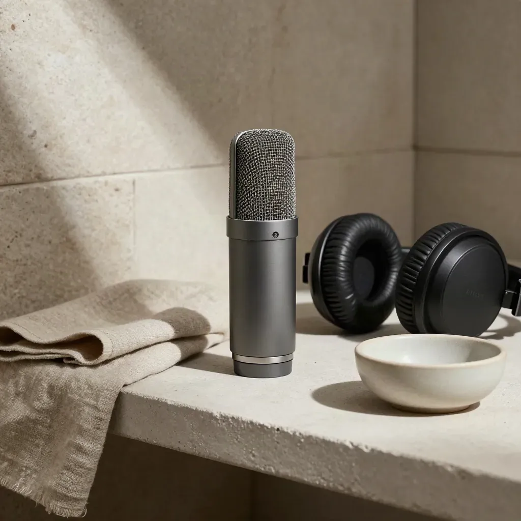 Podcast mic capsule with headphones, linen cloth and ceramic bowl on a stone shelf.