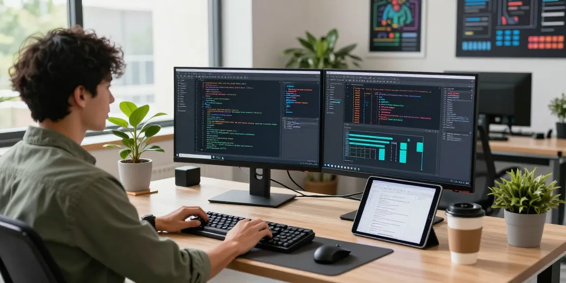 Developer working with large language models in a modern tech workspace, showcasing dual monitors and coding tools.