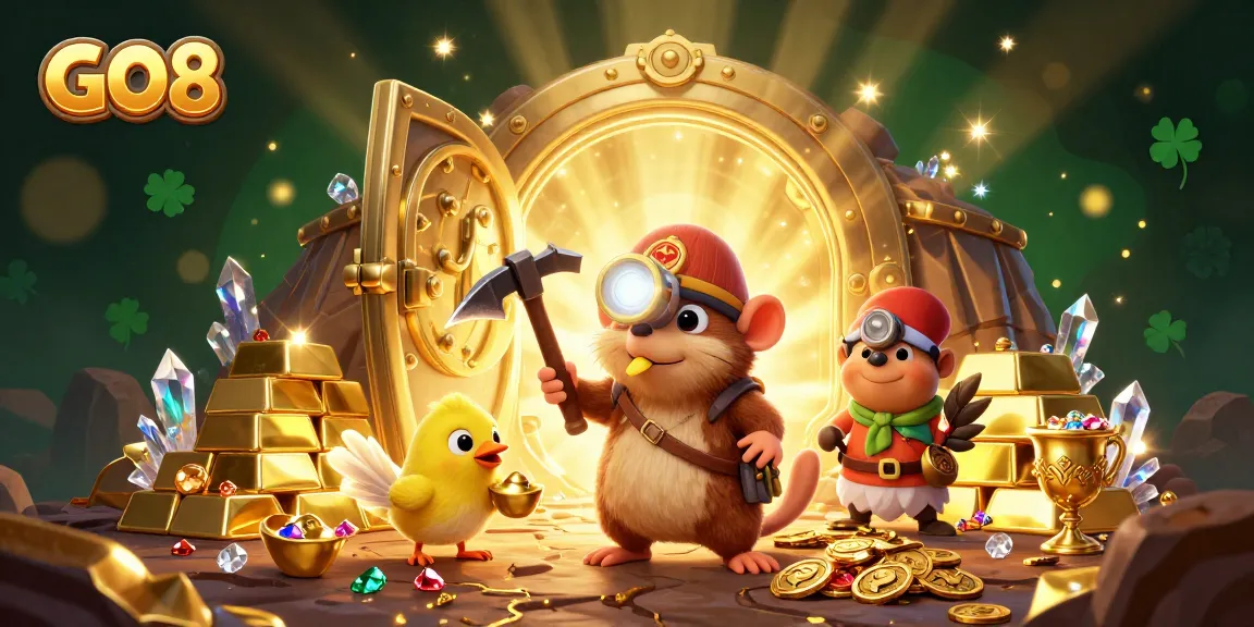 GO8 treasure hunter mole explores riches in a vibrant casino cavern filled with gems.