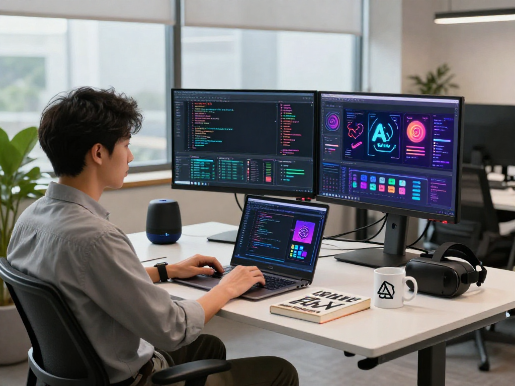 Exploring spicy AI in a vibrant tech workspace with coding and creativity.