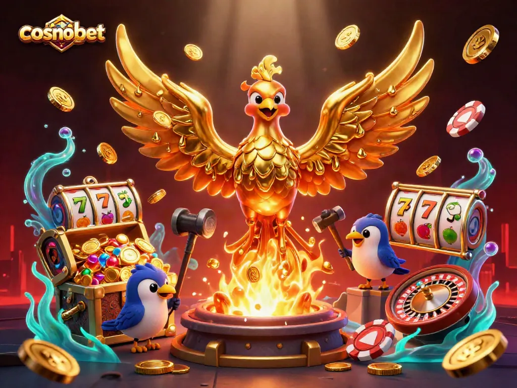 Experience the thrill of cosmobet in this vibrant 3D casino illustration featuring a powerful phoenix.