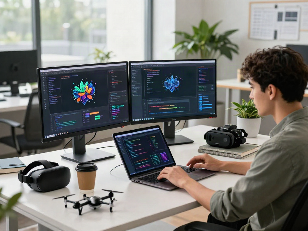 Dynamic tech workspace showcasing spicy AI development with a developer and innovative gadgets.