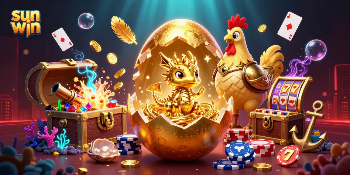 Experience thrilling wins with Sun Win's vibrant gaming scene featuring a golden baby dragon on poker chips.
